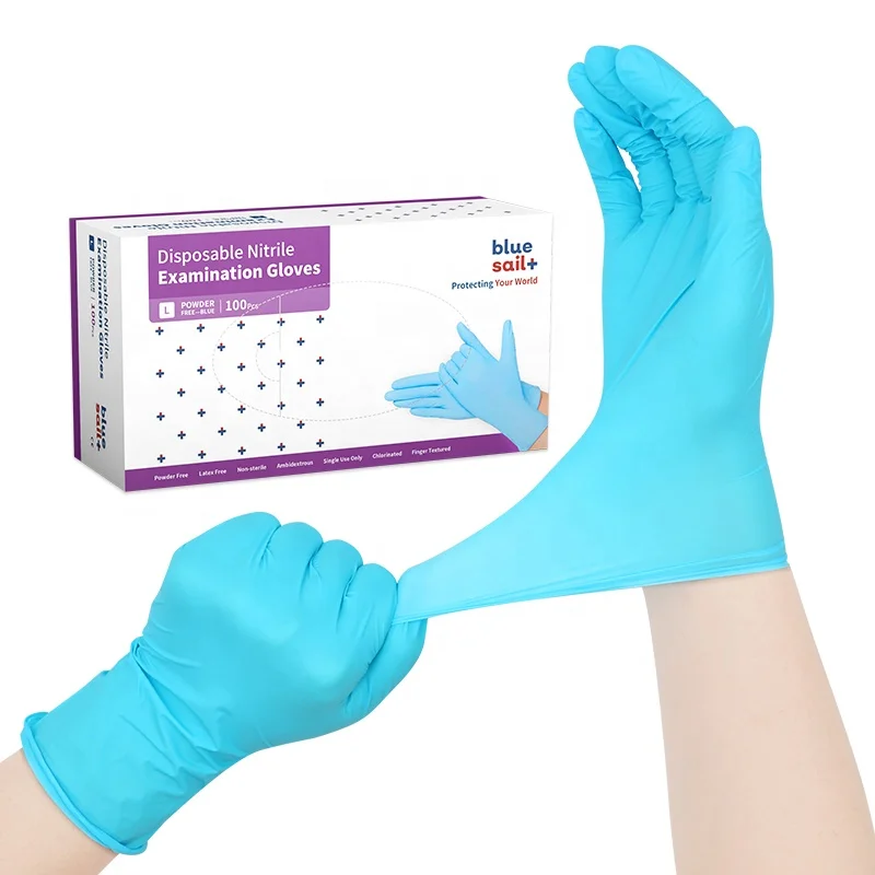 Anti Chemical Nitrile Hand Gloves Cleaning Waterproof 100 PCS Box Lake Blue Disposable Nitrile Gloves Powder Free for Household