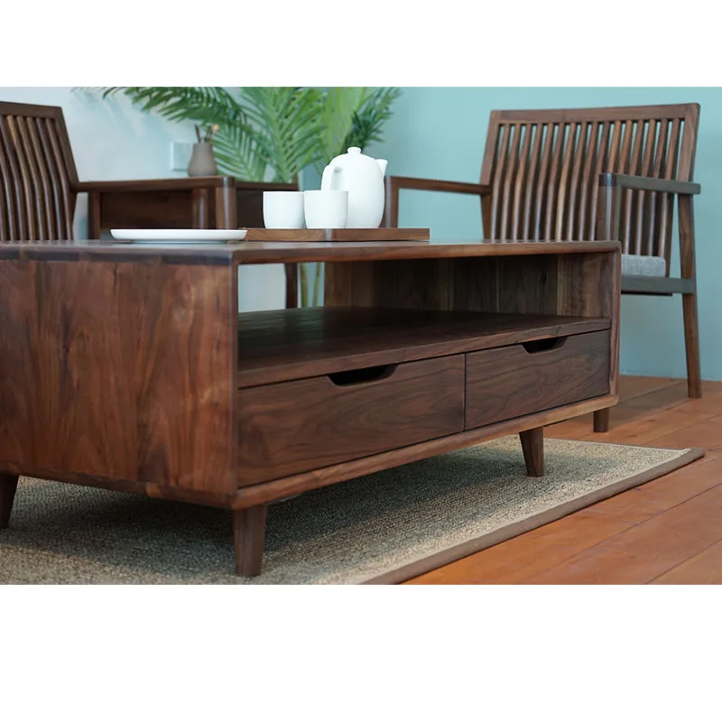 Hot sale Black walnut double-layer tea table four-drawing coffee table square solid wood tea table with drawers