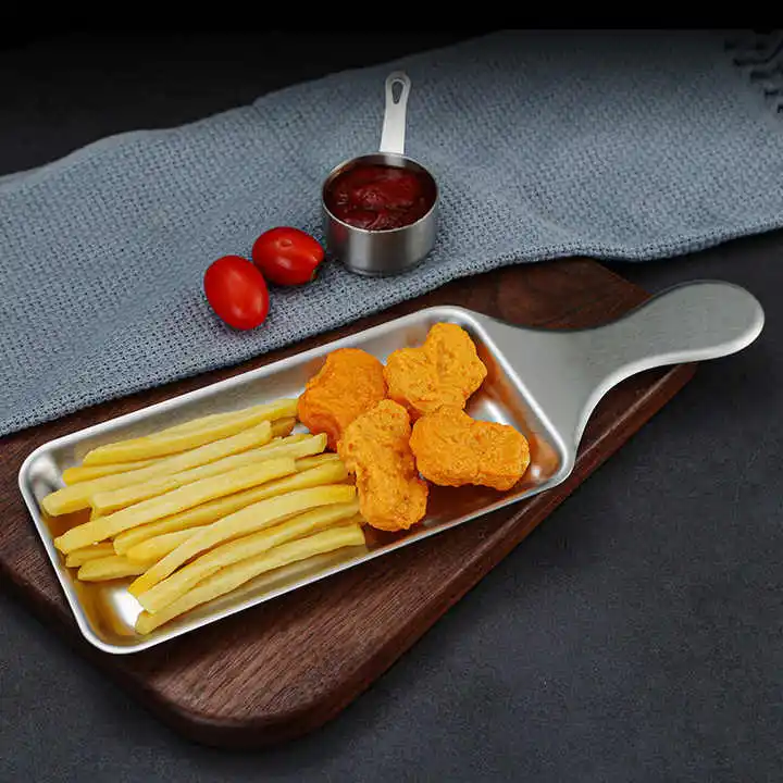 Korean Restaurant Kitchen Hotel Stainless Steel Serving Tray Gold Square Plate With Handle