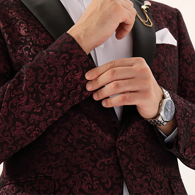 Пиджак мужской с цветочным принтом, модная Банкетная одежда, Узкий блейзер с воротником-шалью, бордовый