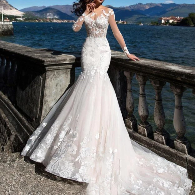 Long sleeve wedding dresses luxury lace applique backless mermaid trumpet bride gowns
