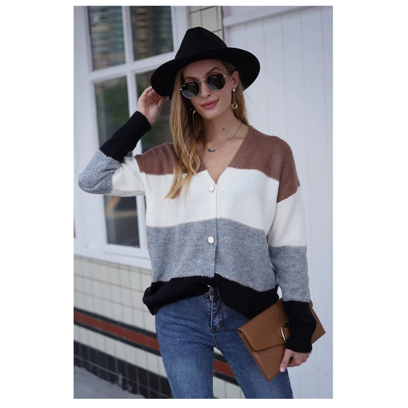 
2020 fall winter fashion striped sweater women clothing warm buttons v-neck knit cardigan sweater for ladies 