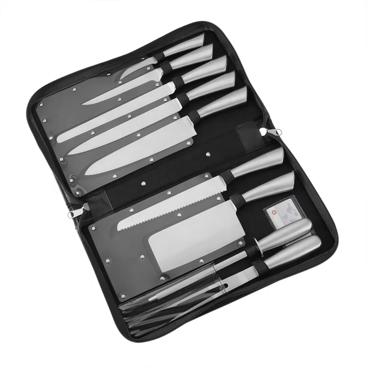 Utility 9 piece stainless steel kitchen knives set knife sharpener slicer chef carving fork steak ham fruit Knife with case