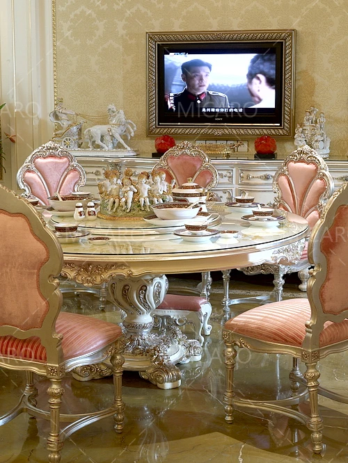 Italy design marquetry inlaid high class antique wood carved french round dining table