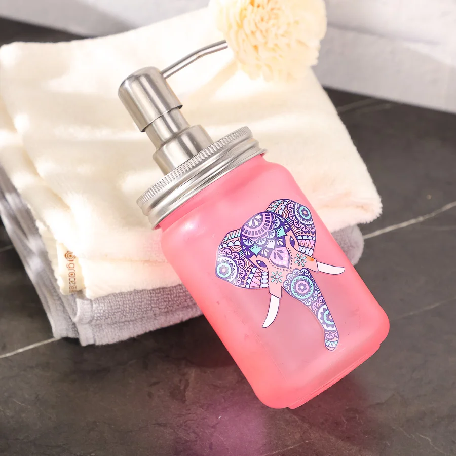 Refillable Household 16oz 25oz Square Round Pink Glass Soap Liquid Dispenser Jar With Stainless Steel Pump For Hand Washing