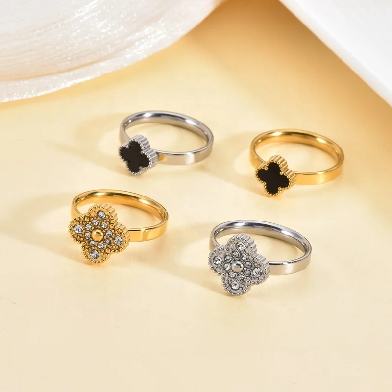 1 USD Goods Sweet 4 Four Leaf Clover Flower Ring CZ Zircon Women Wholesale 316L Stainless Steel Plated 18K Filled Gold Jewelry
