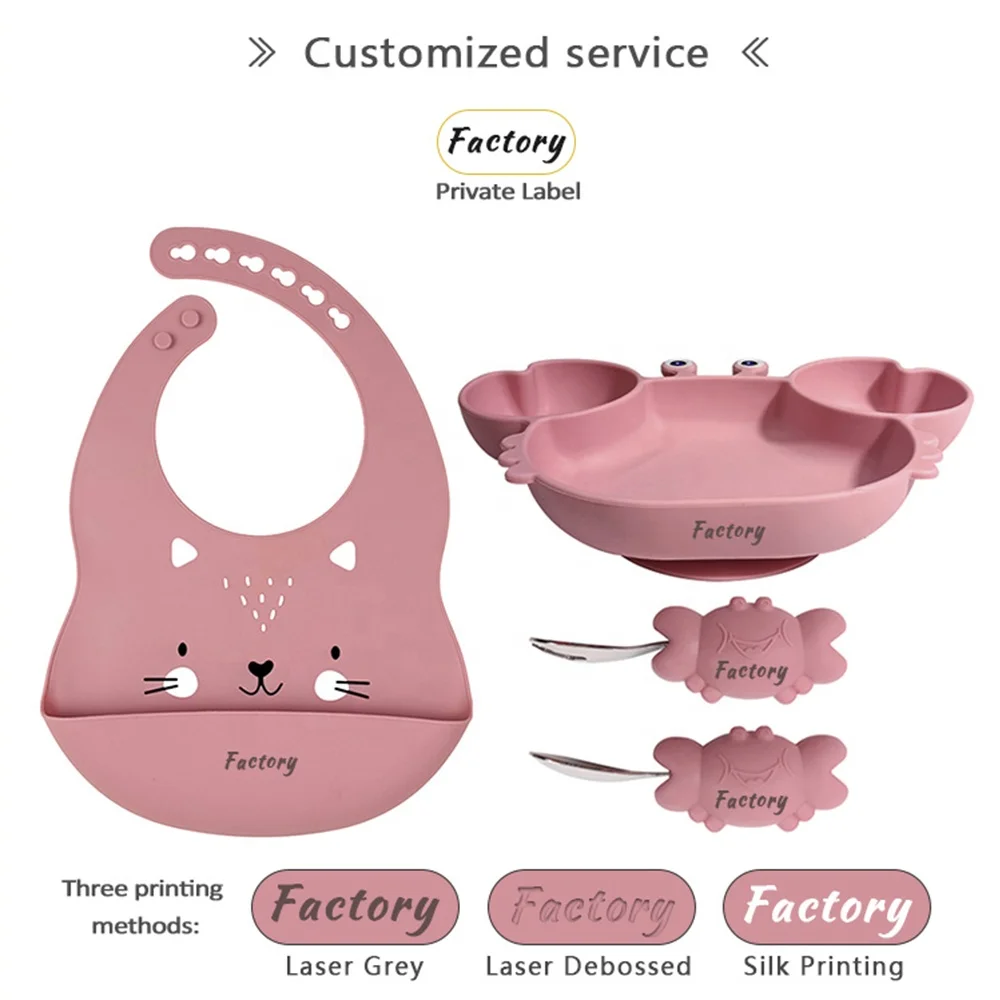 BPA Free Animal Face Bib Suction Plato Bebe Silicone Crab Platos Silica Gel Children Spoon Fork Baby Feeding Set