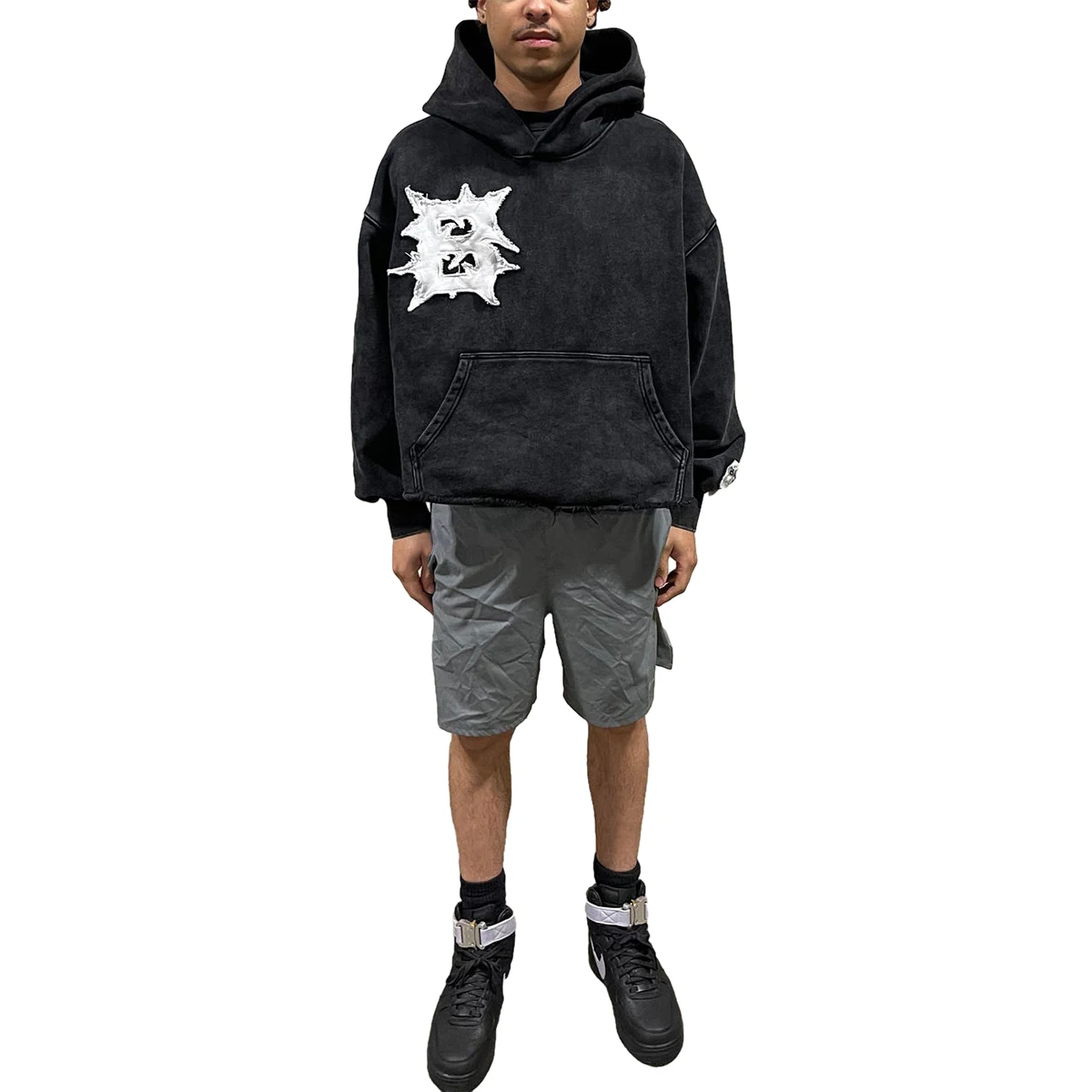 Streetwear Fade Distressed Hoodies Custom Design Men Oversized Heavyweight Vintage Wash Embroidery Patchwork Cropped Boxy Hoodie