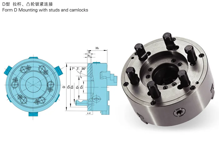 
Factory direct sale 250mm outer diameter, 10-inch manual 3 jaw chuck, with D-type adapter with studs and camlocks 
