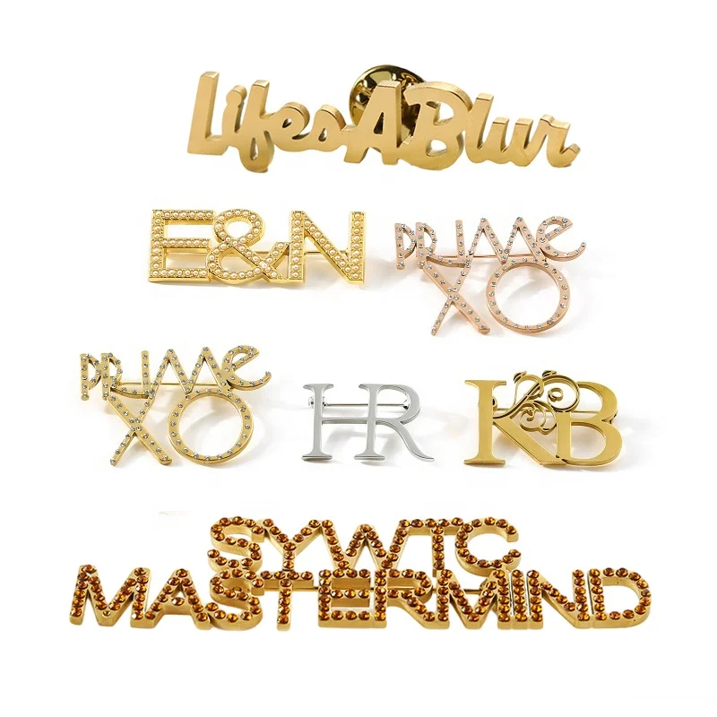 Custom stainless steel Gold Silver rhinestone Broches Pins Brooches/metal broaches Women Brooch/letter brooch Pin