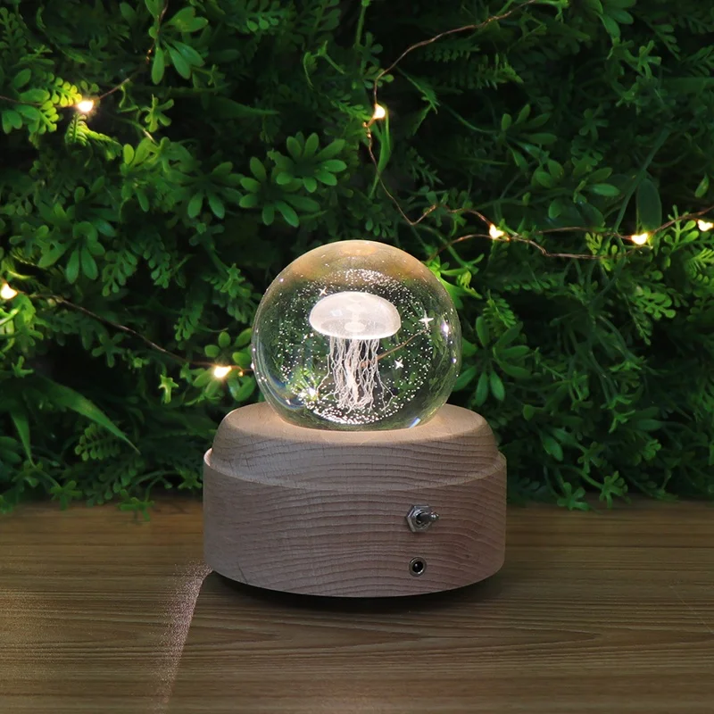 KC Certified Jellyfish Crystal Ball Music Box Led Night Light Wood Base Rechargeable Decoration Kids Bedroom Light