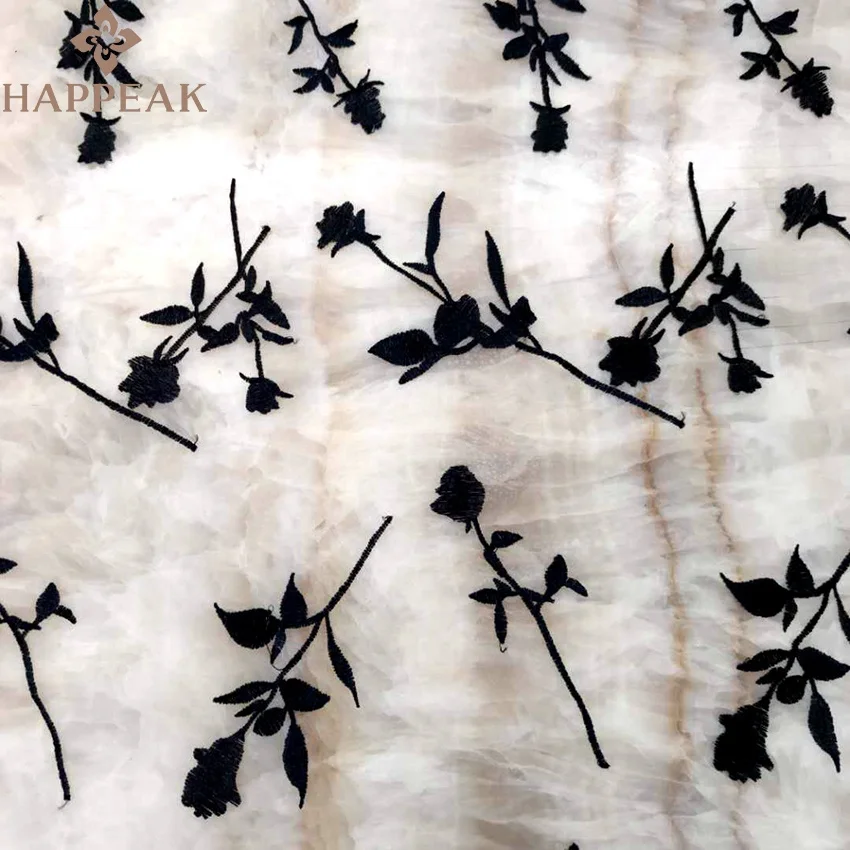 HAPPEAK simple elegant embroidery black rose tulle embroidered fabric for dress