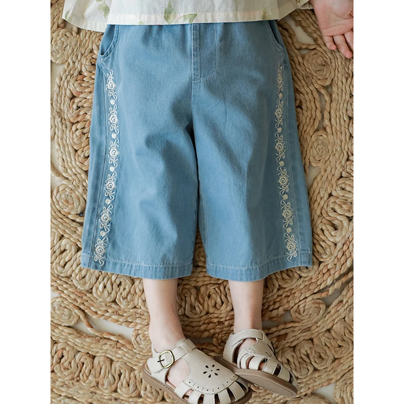 oem kids girls wide-leg jean pants with embroidered side lace trim custom baby denim trousers odm children casual  RTS pants