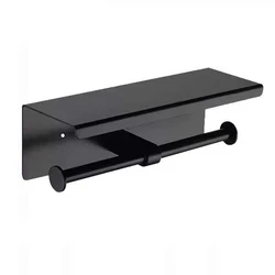Bathroom stainless steel double black tissue roll toilet paper holder with shelf