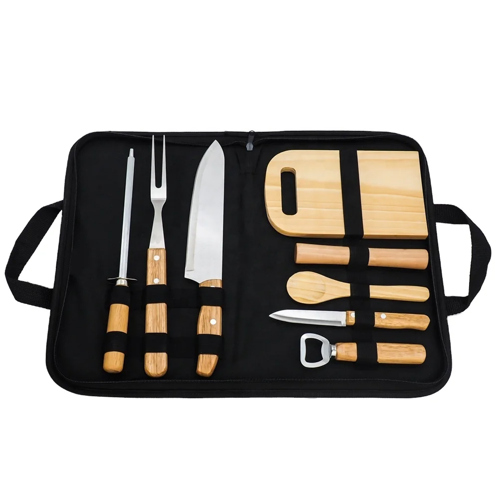 Easy Clean 9PCS High Quality Wooden Handle BBQ Tool  Outdoor With BBQ  Cutting Board Accessories For Environment Wood  Knife