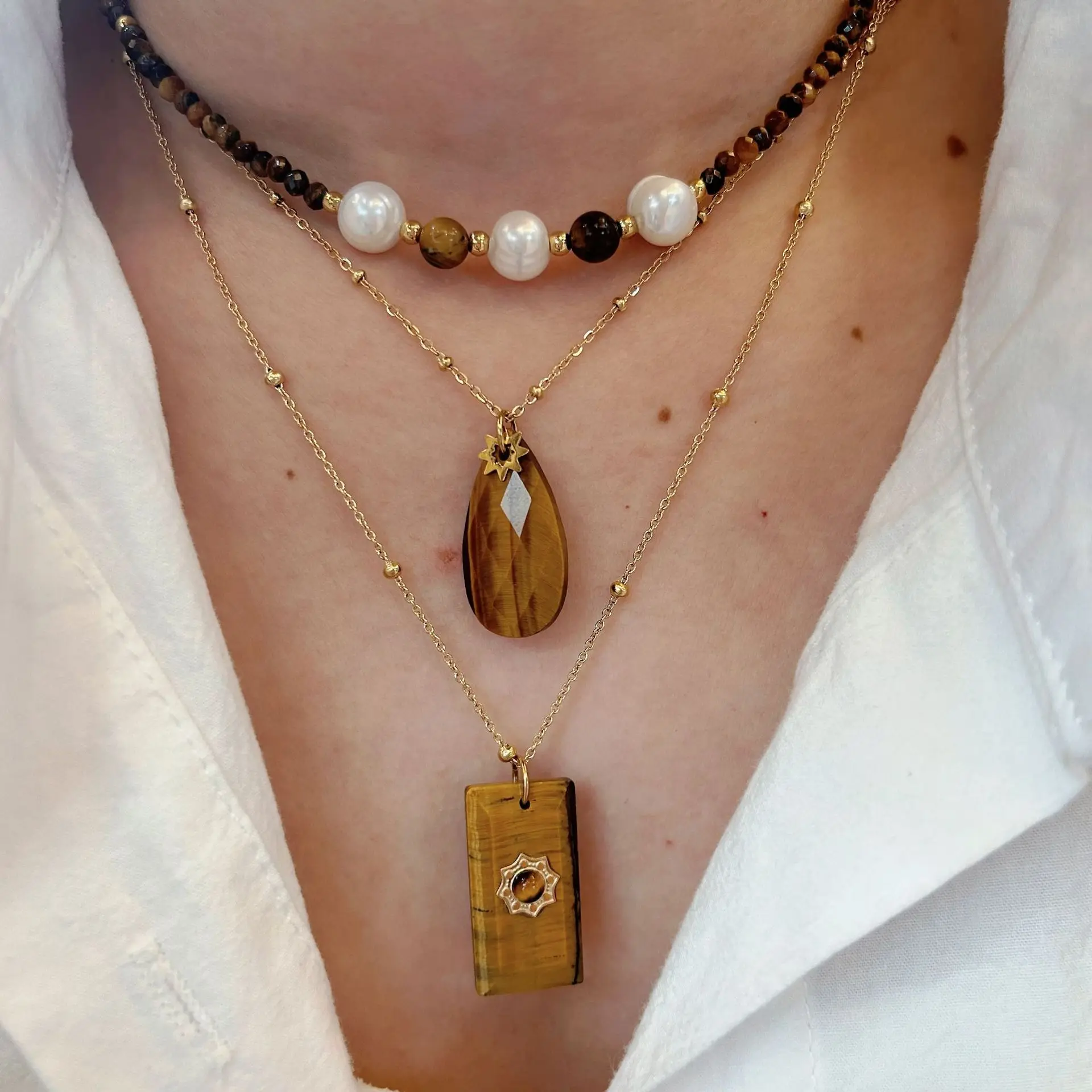French Style Natural Stone Tiger Eyes Beads Choker Necklace Gold Plated Freshwater Pearl Semi-Precious Stone Necklace