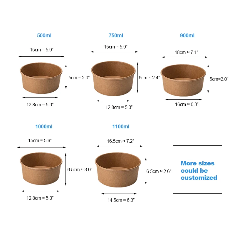 Customized 12Oz ODM/OEM Bol En Papier Round, Brown Biodegradable Compostable Salad Fast Kraft Paper Packaging Bowls/