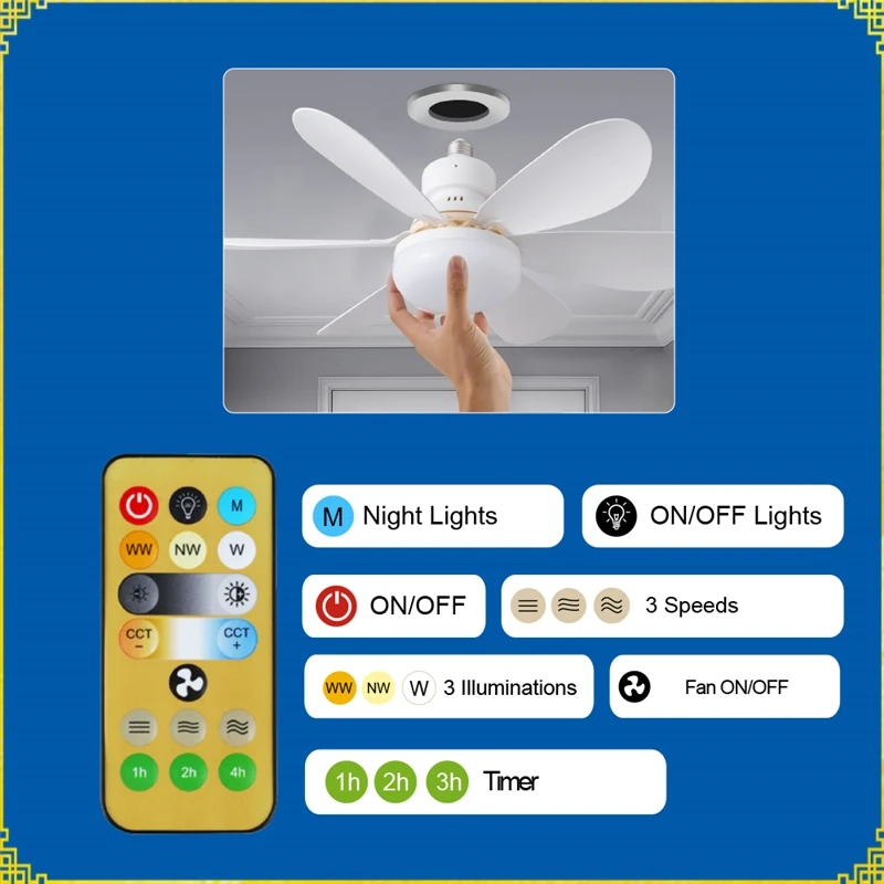 Ceiling Led Fan Light Moving Head Intelligent Dimming Fan Bulb Home Decor 360 Rotating Remote Control Modern E27 Ceiling Fan