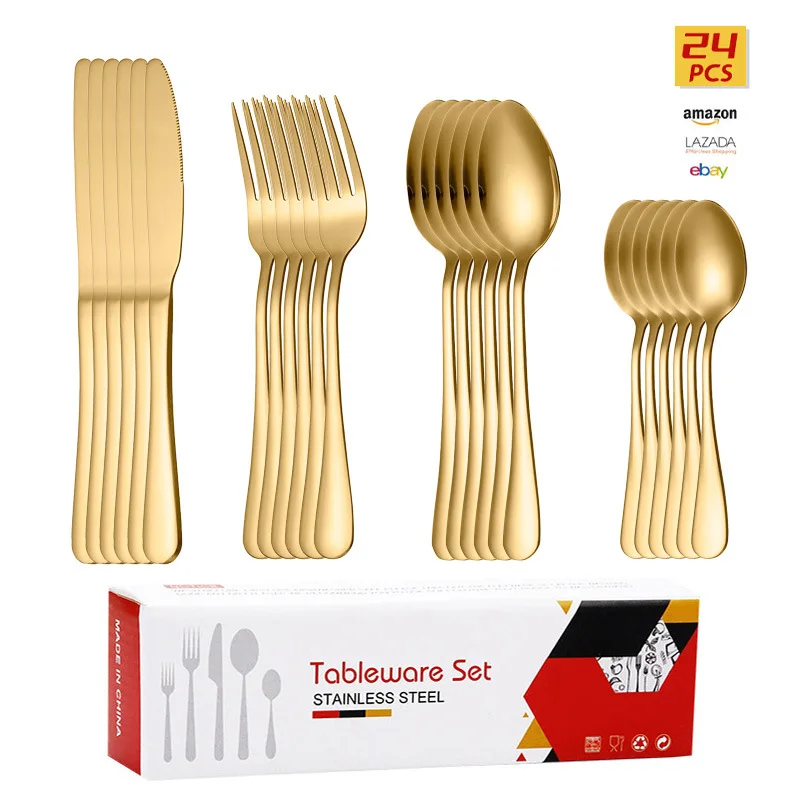 Bulk Gold Stainless Steel Cutlery 24PCS Set Silverware Black Flatware With Box