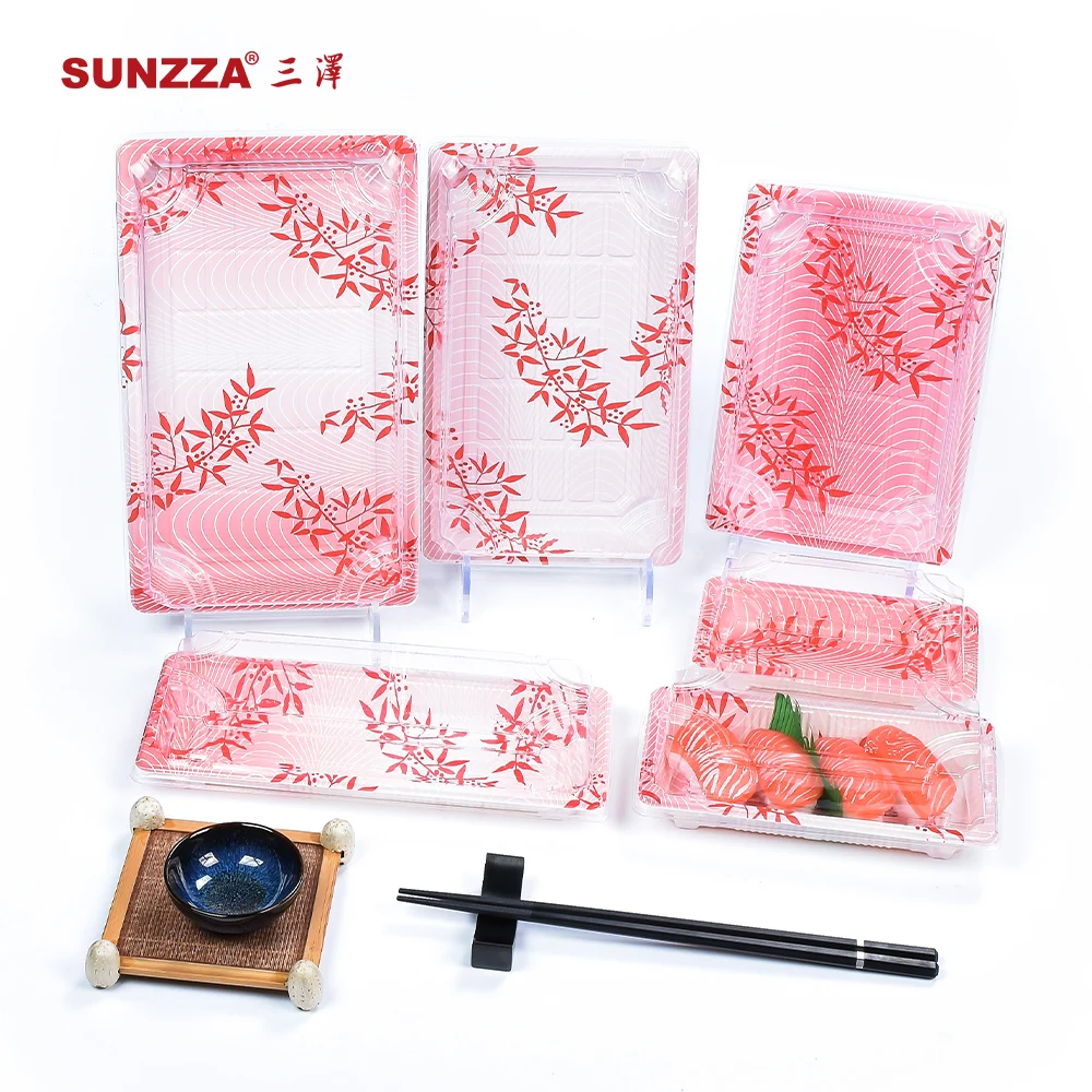 Sunzza package clear window anti lid large rectangle size disposable to go cloverleaf pattern printed paper plastic sushi boxes