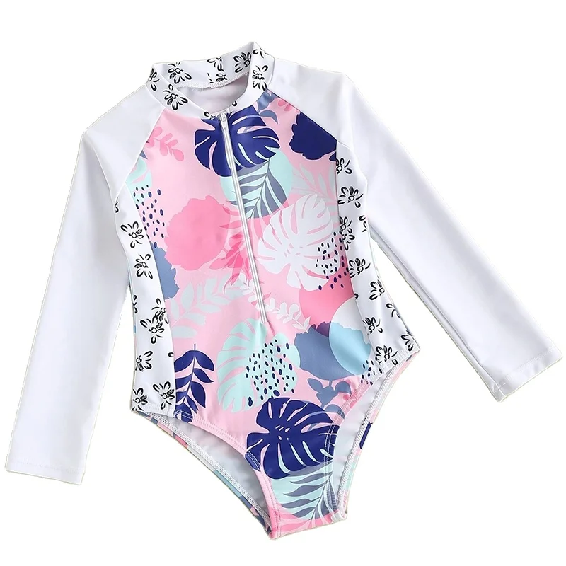 Low Moq Anti-UV Long Sleeve Swimsuit For Kids Printed Rash Guard Toddler Swimwear One Piece Zipper Girl Swimsuit Kids