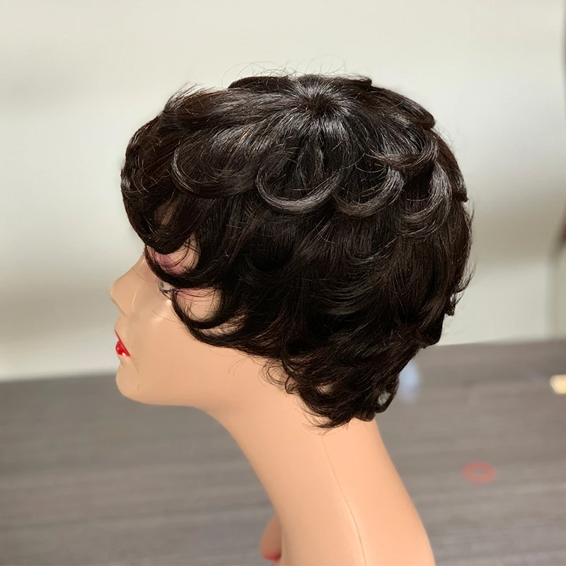 Machine made short wavy human hair wig with fringe