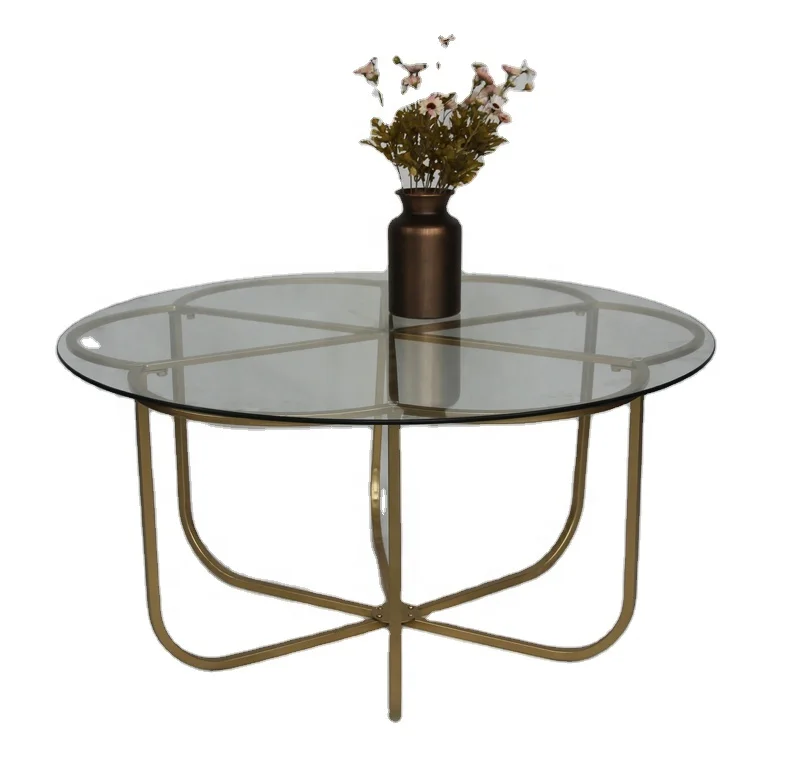 
China Supplier Manufacturer Direct Sales High Quality Glass Top Gold Iron Base Round Coffee Table 