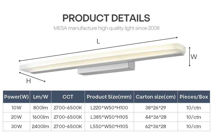 IP20 IP44 Waterproof Bathroom Mirror Wall Lamp 10W 20W 30W LED Bathroom Vanity Light