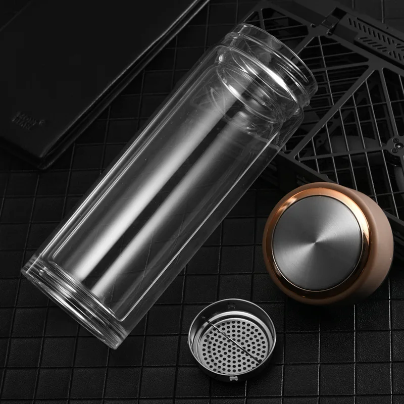 Wholesale Custom Business Double Wall Clear Thermal Insulation Glass Water Tea Infuser Bottle With Filter