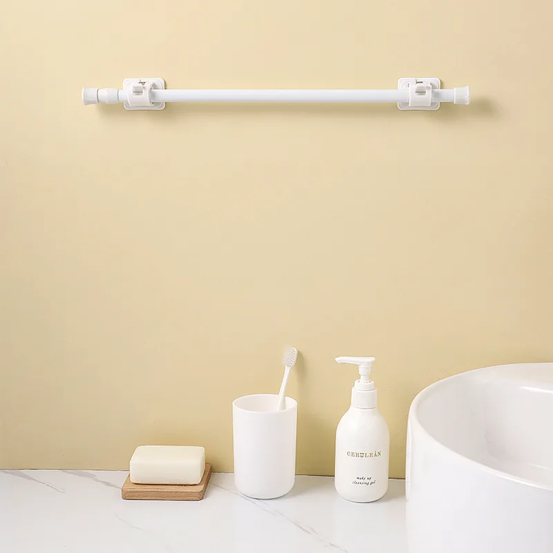 China Wholesale Bathroom Perforated Towel Storage Rack Expandable Curtain Rod Telescopic Pole Clamp