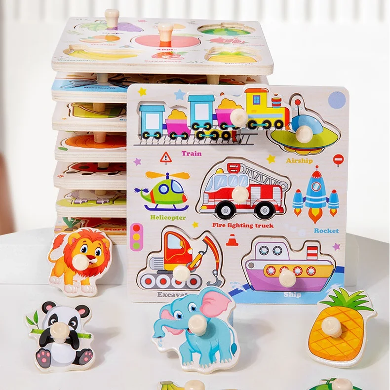 Hand Grab Matching Board Early Educational Alphabet Learning Wooden Peg Knob Hand Grasp Puzzle Children Kids Toy