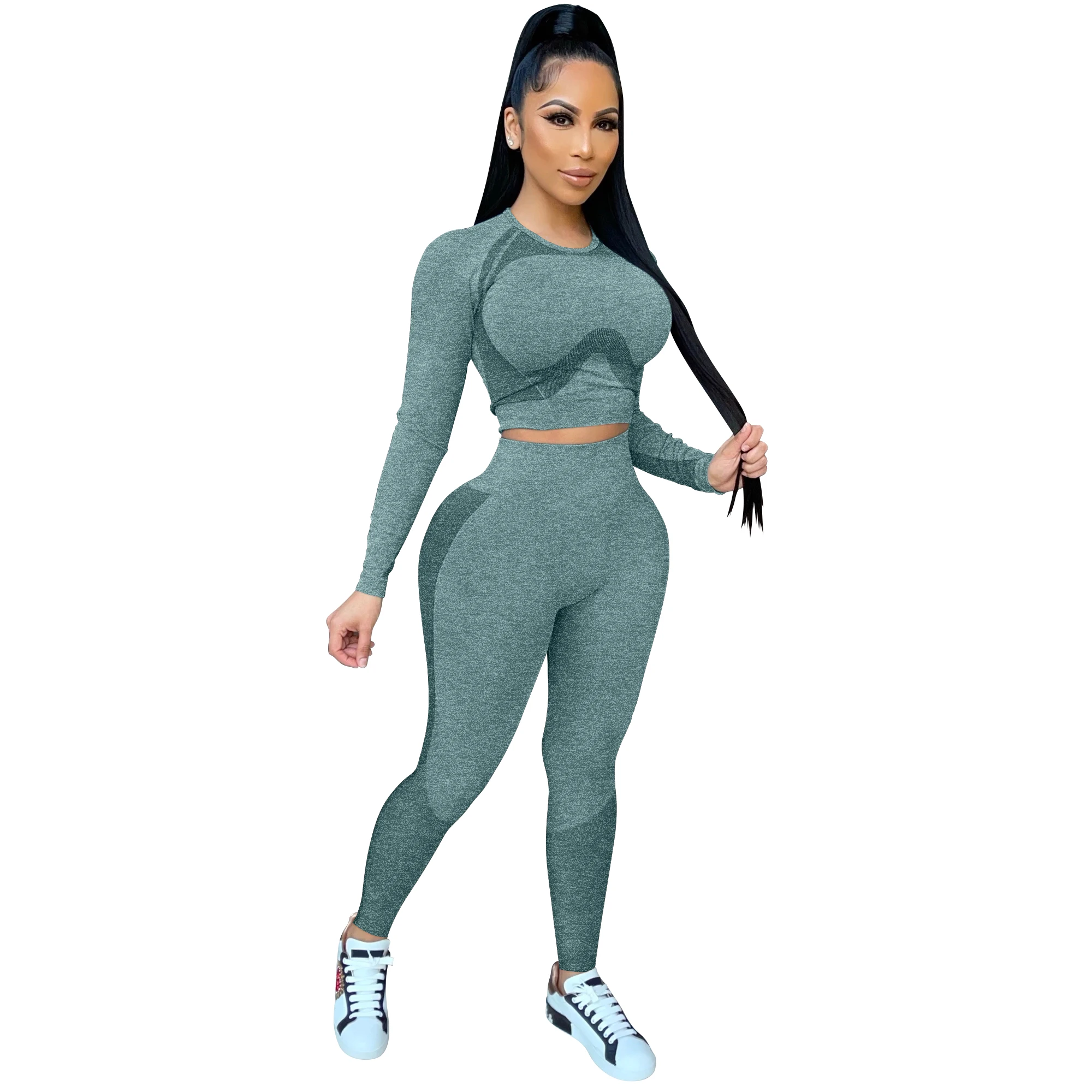 Custom Fitness Clothing Women Seamless Gym Leggings Long Sleeve 2 Piece Yoga Sets BK495