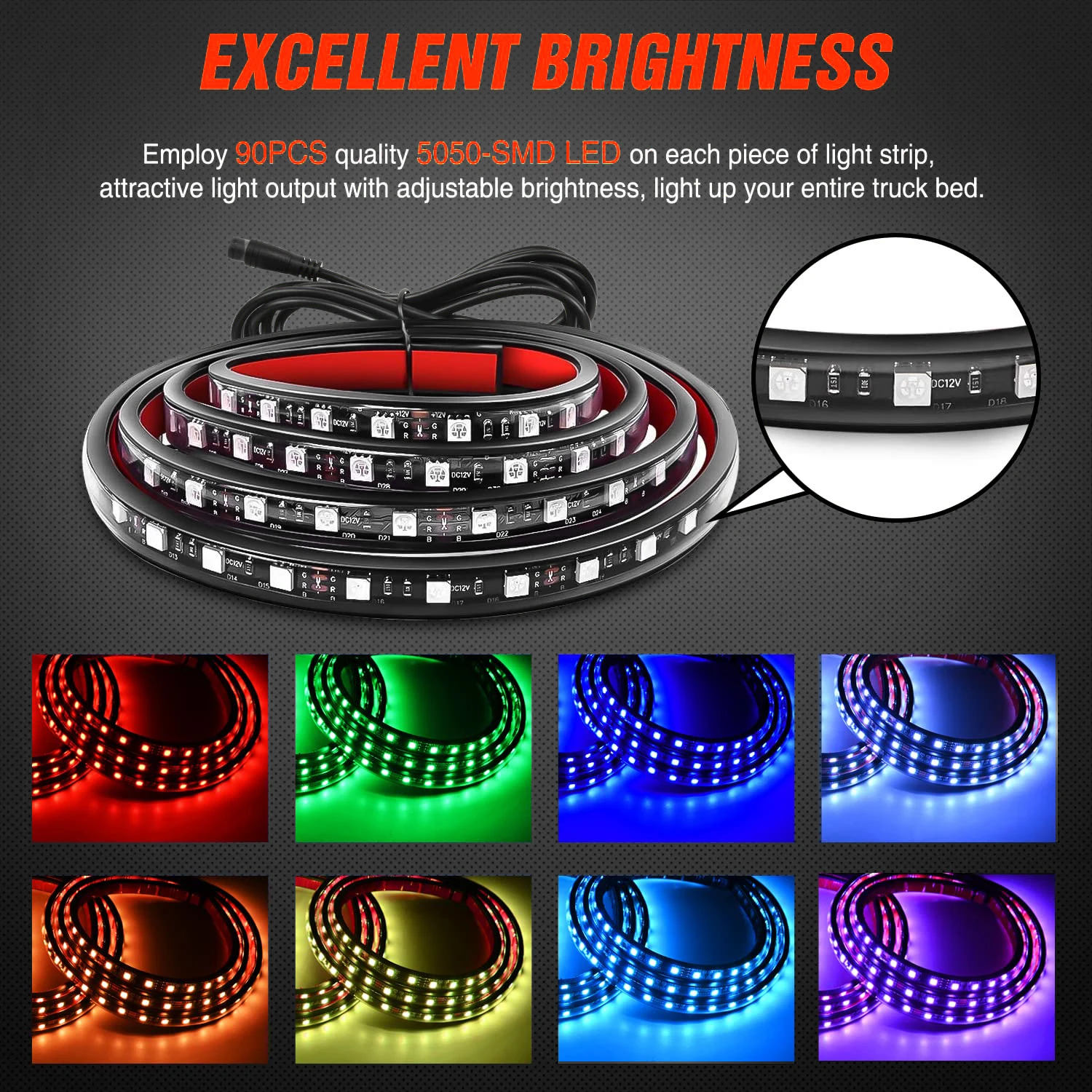 RGB LED Truck Bed Light Strip Kit Neon Accent Lights Splitter Extension Cable for Cargo Pickup Truck Camper RV SUV Boat