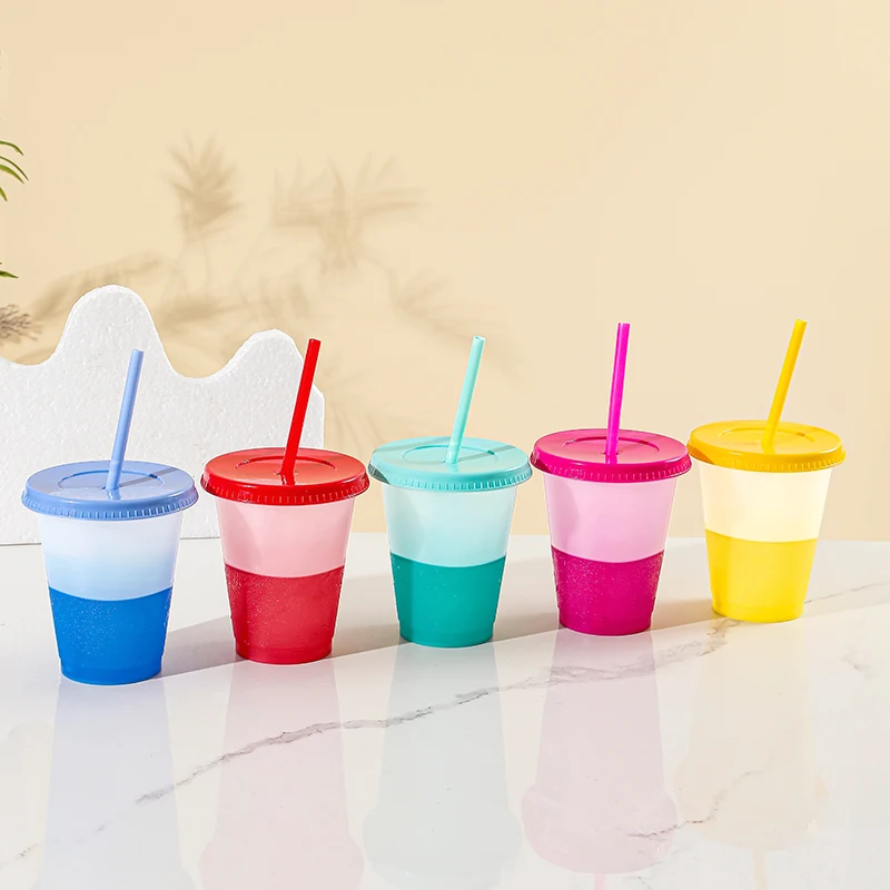 16oz Small Cute Reusable Plastic Travel Cups Coffee Tumbler Ice Cold Water Color Changing Cup With Lids and Straws