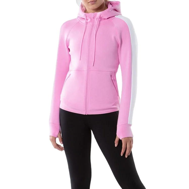 Women Fashion Design Sport Gym Cotton Full Zip Side Zip Pocket Color Block Hoodie