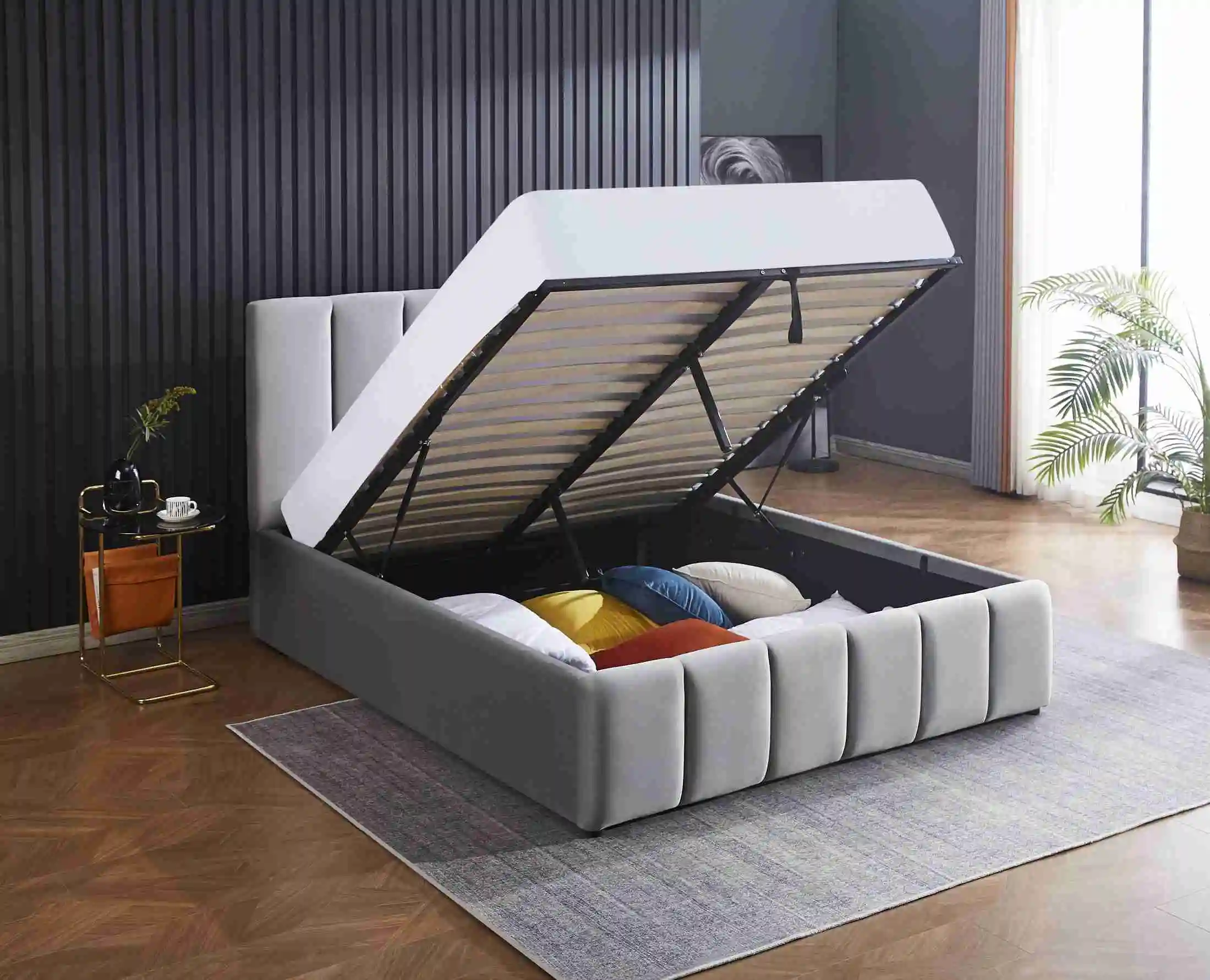 upholstered platform wholesale ottoman gas lift fabric wooden double full twin king queen size bed frame