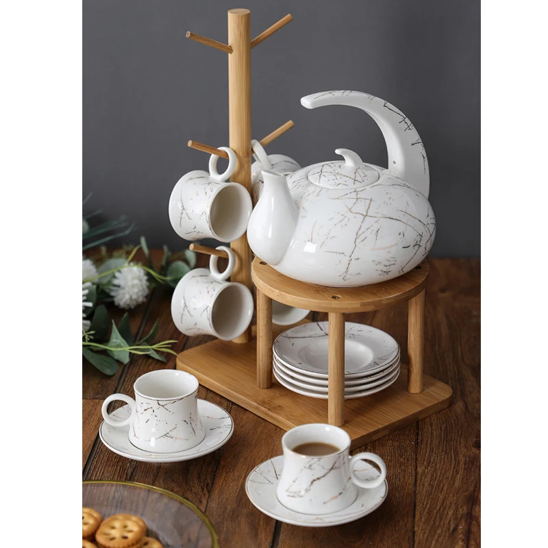 Classic Marble ceramic coffee cup and saucer set Ceramic Tea Set with Flower Pattern Teapot