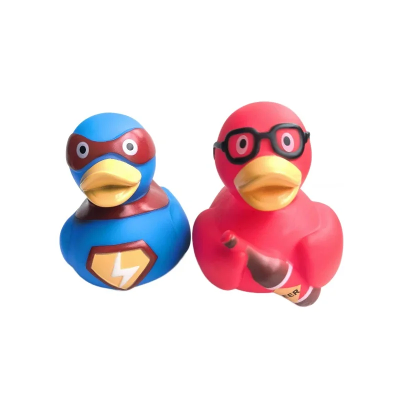 Customized logo Mini Vinyl Swimming Floating rubber toy red blue duck with glasses eye patch