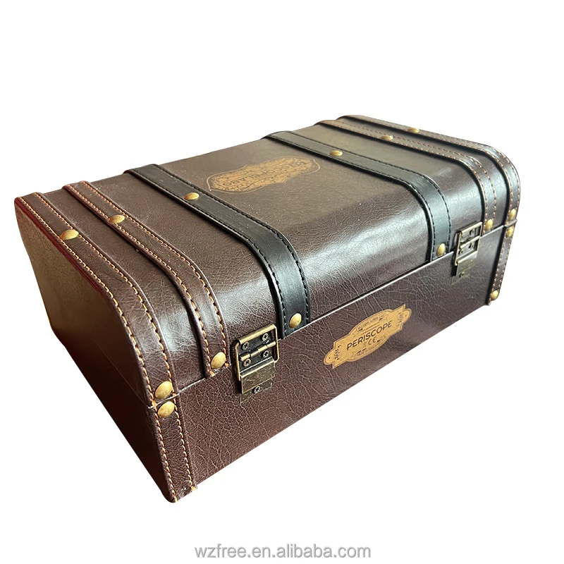 Vintage Brown PU Leather With Locking Portable Wooden Box Telescope Microphone Packing Wooden Box