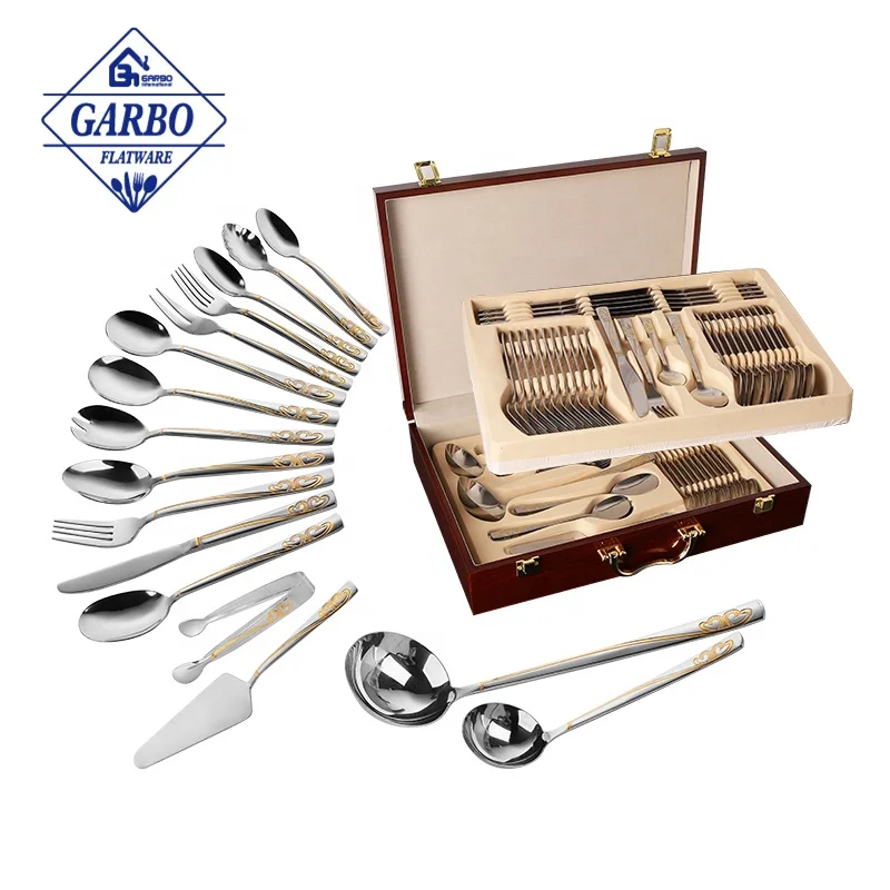 Wholesale Silverware Middle East Egypt Style Classical Wedding Gift Large Flatware Set of 86 Camping Cutlery with Wooden Box