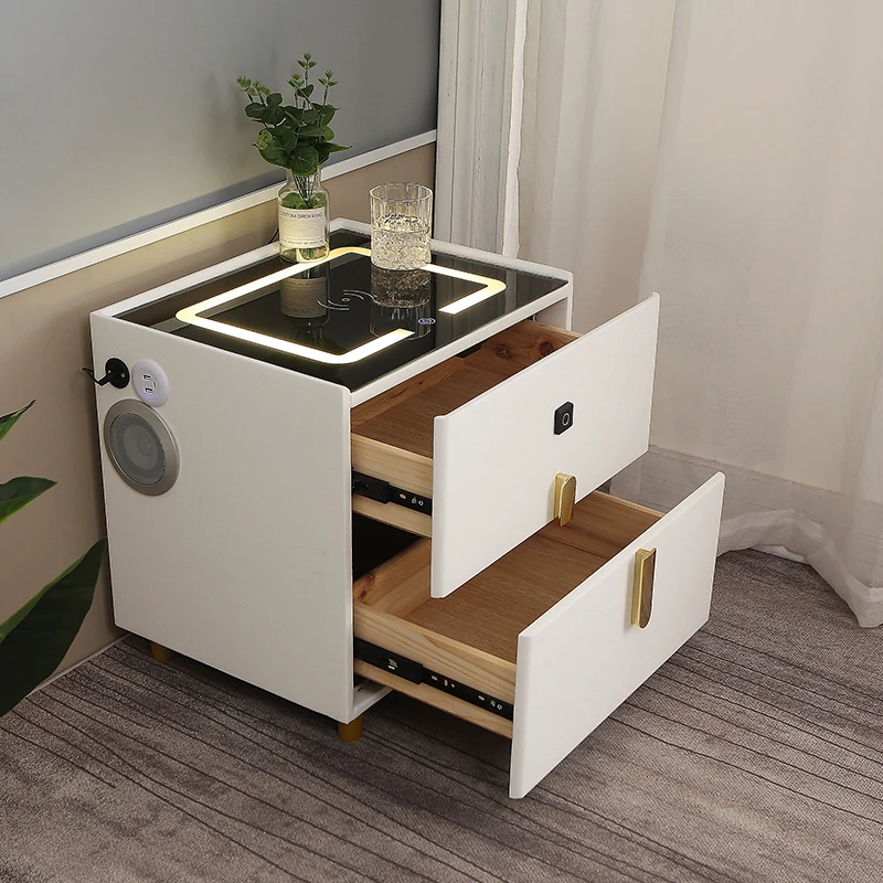 Luxury Smart Nightstand Phone Watch Wireless Charger Side Table Wooden Bedside Table With Led Light