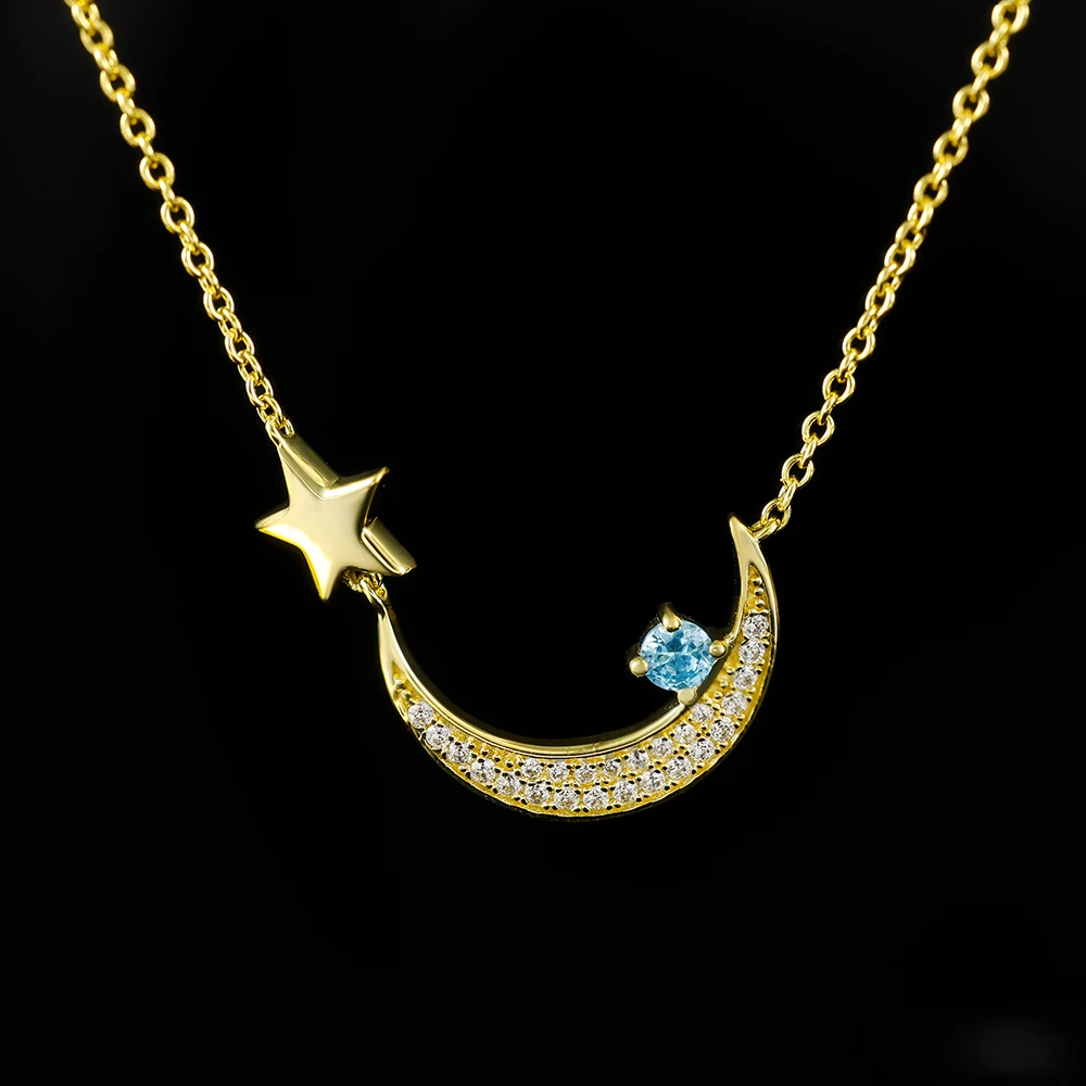 Grace Jewelry Sea Blue Gemstone 925 Sterling Silver Star  Half Moon Crescent Moon Necklace