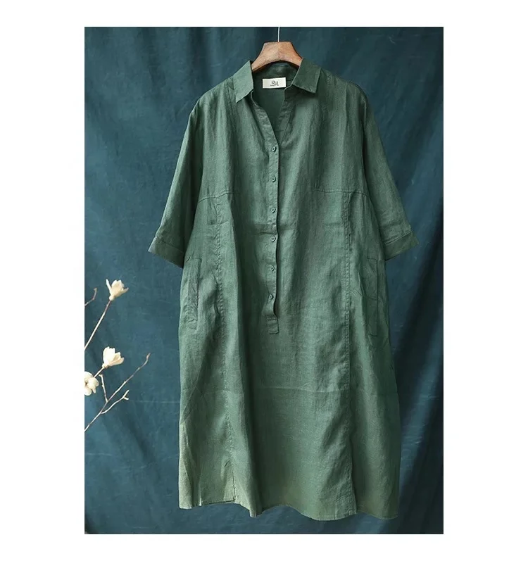 Korea style casual cotton linen dress super size T shirt V neck dress loose