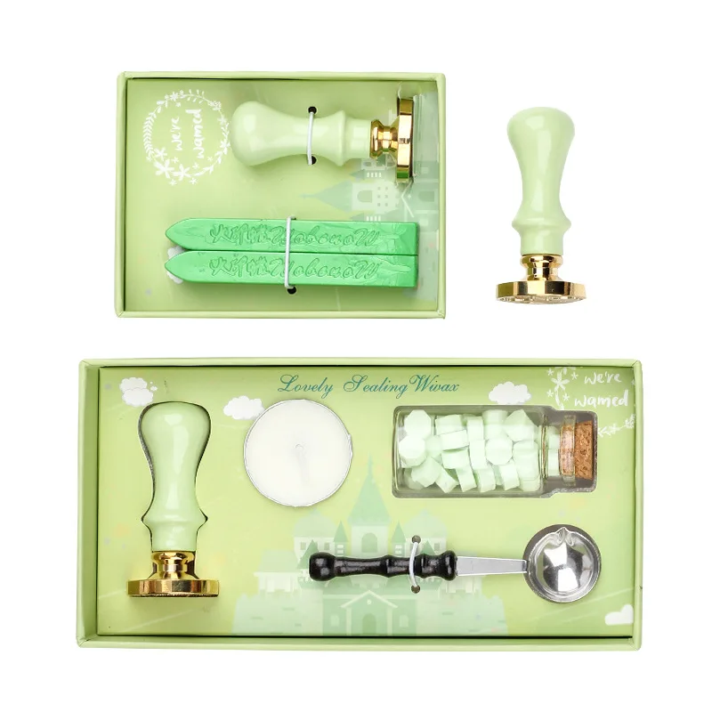 Macaroon Wood Handle Sealing Wax Stamp Kit Gift Wine Package Wedding Invitations Card Envelope