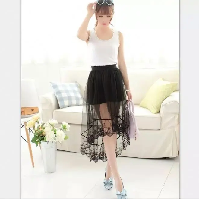 Women Black & White Sexy Lace Tulle Skirts Fashion Asymmetrical Jupe Skirts Summer Maxi Skirt
