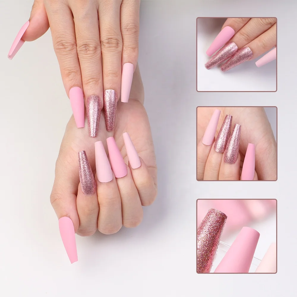 Gelsky 30Pcs Press On Nail Packaging Box Pink Long Straight False Nails Low Moq Press On Nails