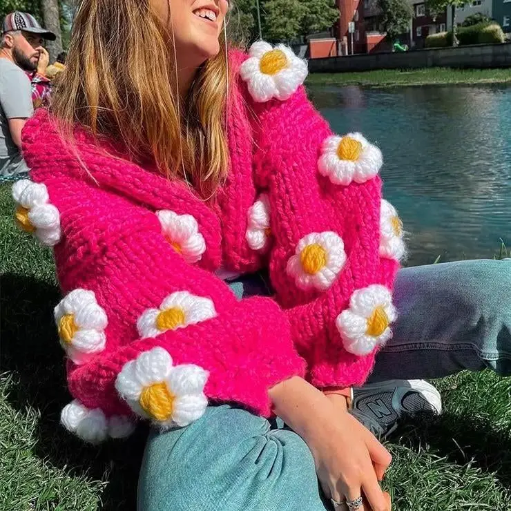 VSCOO hand knit plus size chunky sweater handmade oversize knitted flowers cropped cardigan women sweater