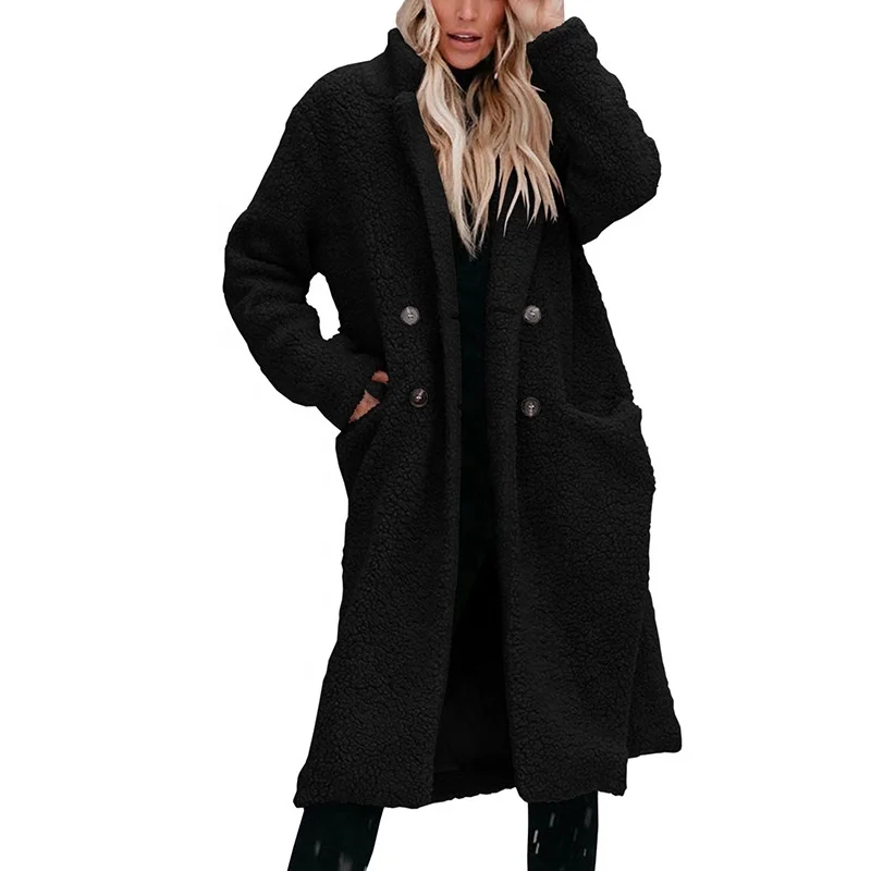 Custom Color Blue Black Wine Red Plush Fleece Double Breasted Long Coat Women Fashion Clothing Lapel Collar Jacket With Pocket