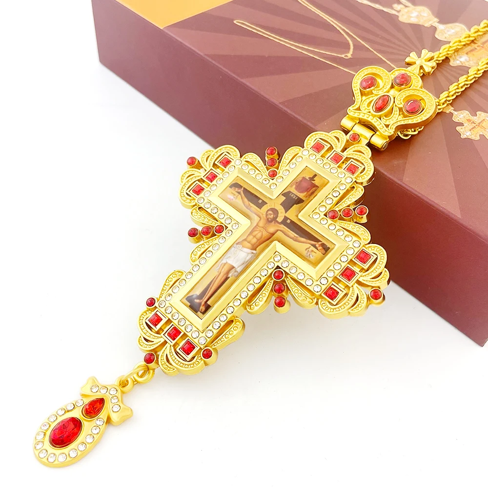HT Gold Greek Orthodox Pectoral Cross Crucifix Necklace with Christian Salvation Jesus Religious Amulet Gift for Priest Bishop