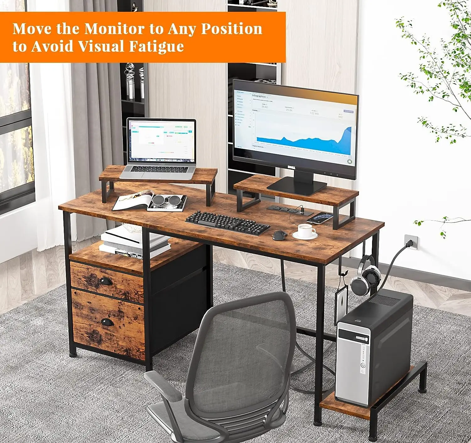 Computer Desk with Drawer and Power Outlets Office Desk Fabric File Cabinet Writing Gaming Table with Shelves Office